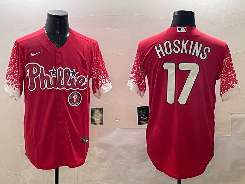 Men Philadelphia Phillies #17 Hoskins Red Fashion 2025 Nike MLB Jersey style 5->denver broncos->NFL Jersey